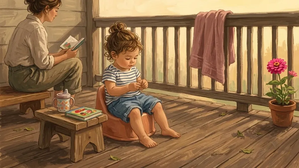 Child sitting on a potty chair bare-bottom on a sunny deck during naked potty training