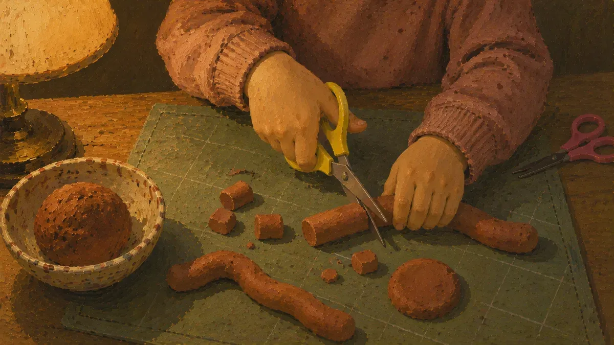 Child snipping a play dough snake with safety scissors