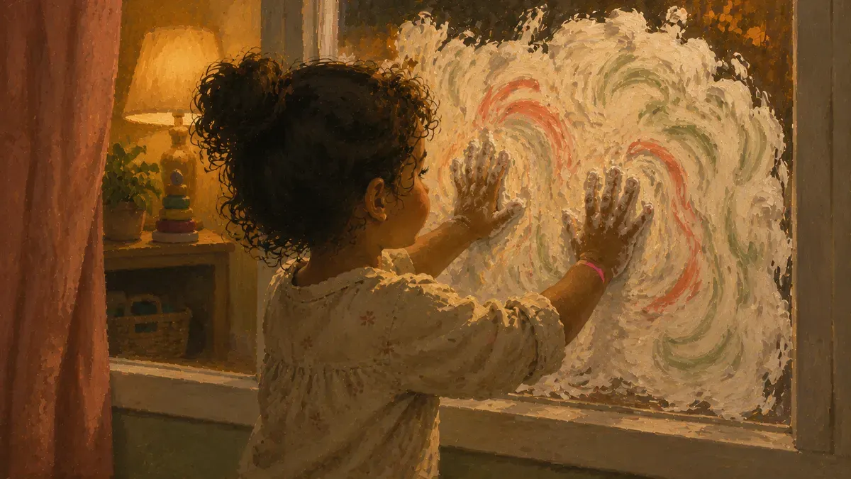 Child swirling shaving foam spread on a tray with a window or mirror as the surface