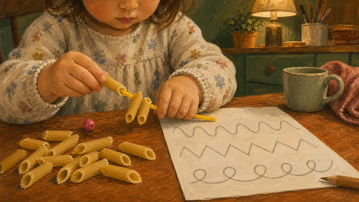 Child threading pasta onto a pipe cleaner beside a pre-writing line tracing sheet