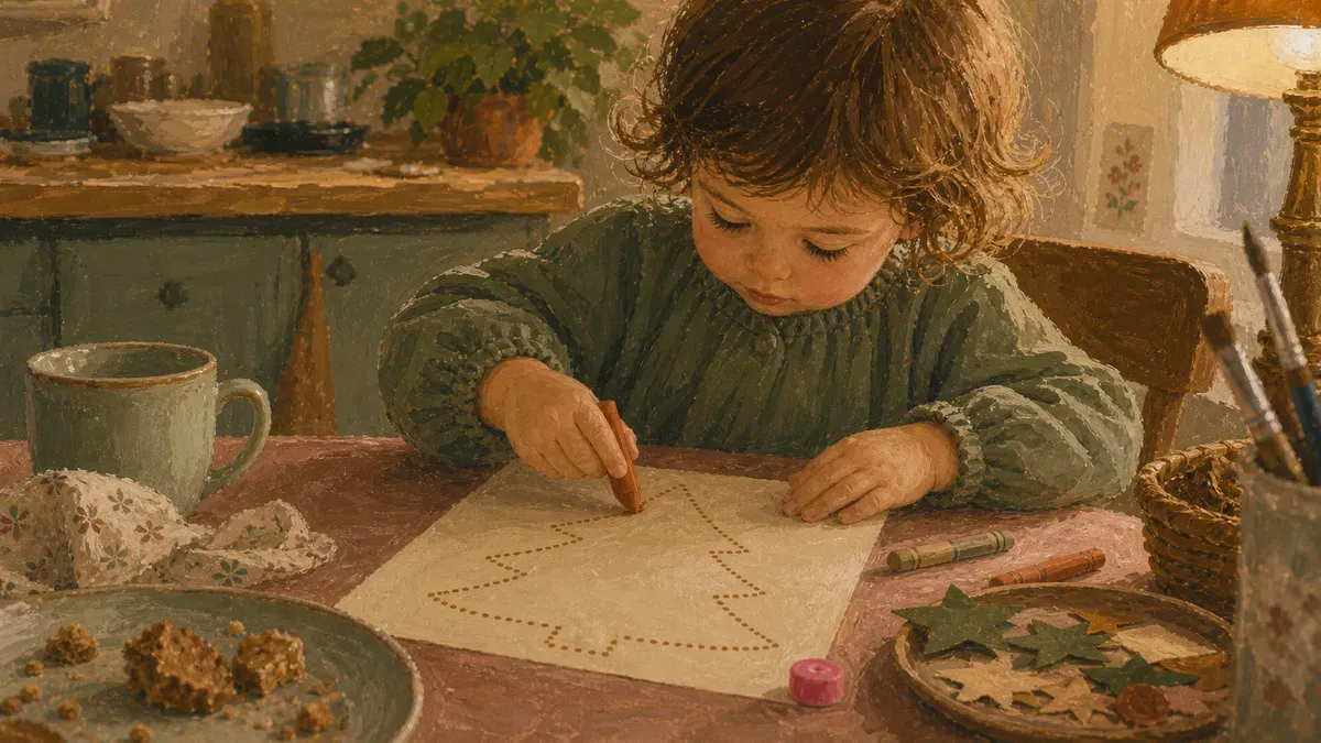 Child tracing a dotted Christmas tree outline with a chunky crayon