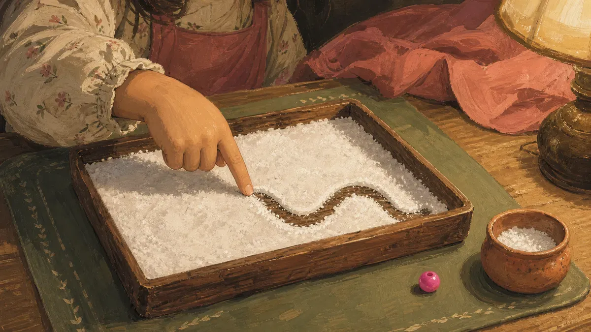 Child tracing a shape in a shallow tray of salt with one finger