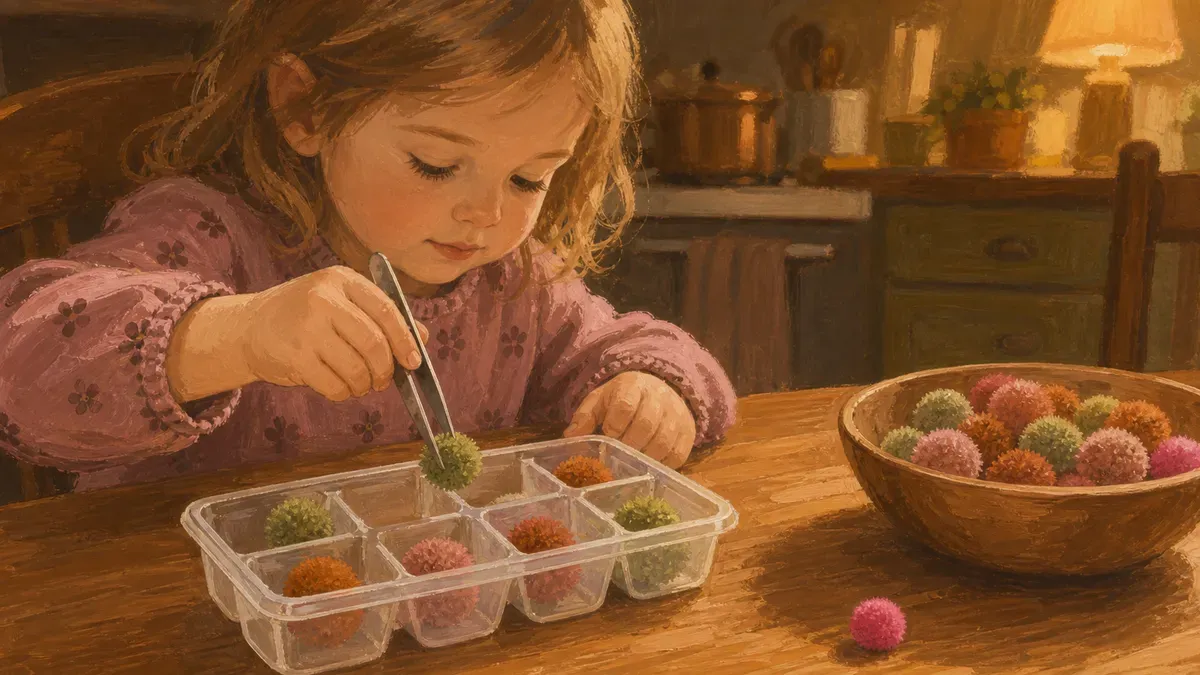 Child using tweezers to sort pom poms into an ice cube tray