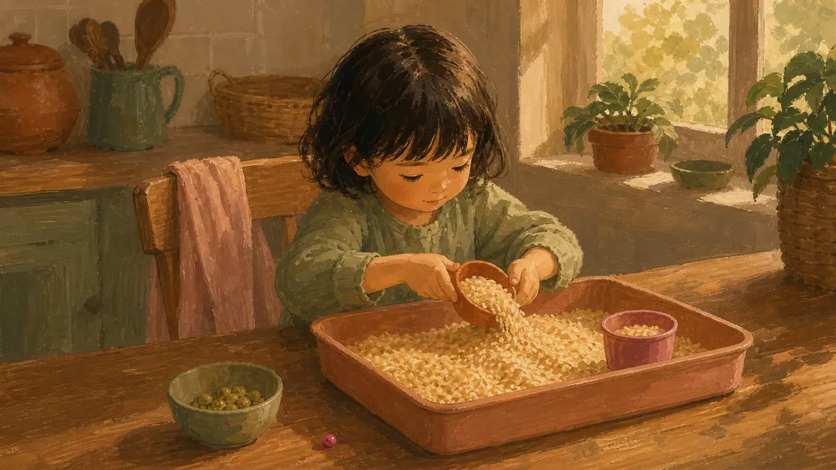 Child with ADHD calmly scooping rice in a sensory bin at the kitchen table