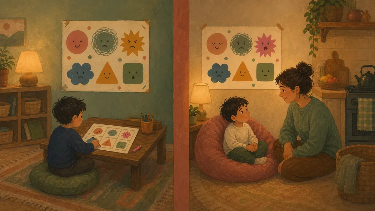 Classroom calm corner with a reflection sheet beside a home calm down corner setup