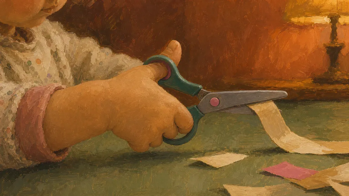 Close-up of a child's hand in the thumbs-up scissor grip
