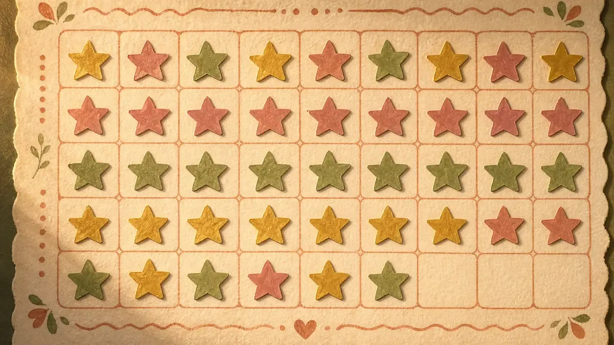 Close-up of a filled-in potty training incentive chart showing rows of stickers