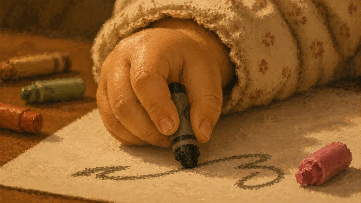 Close-up of a young child holding a short crayon with developing finger grip