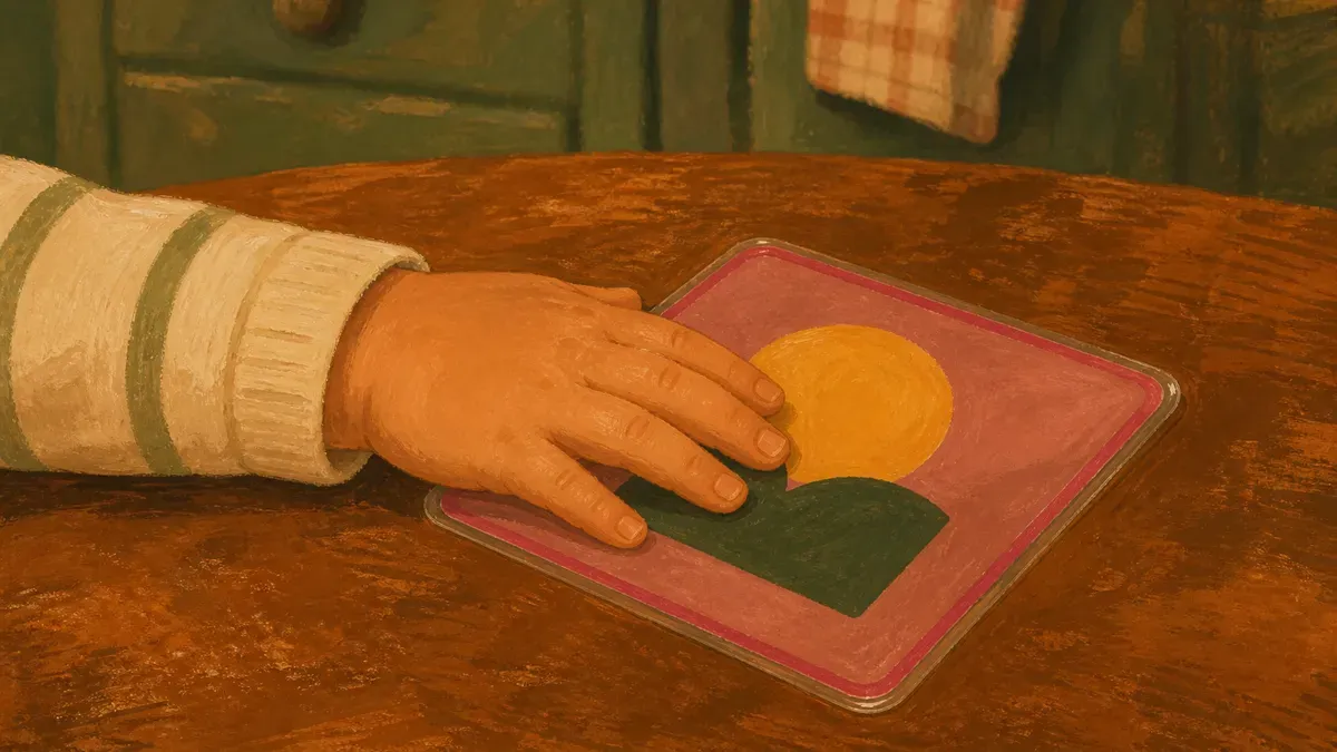 Close-up of an autistic toddler's hand resting on a laminated picture card