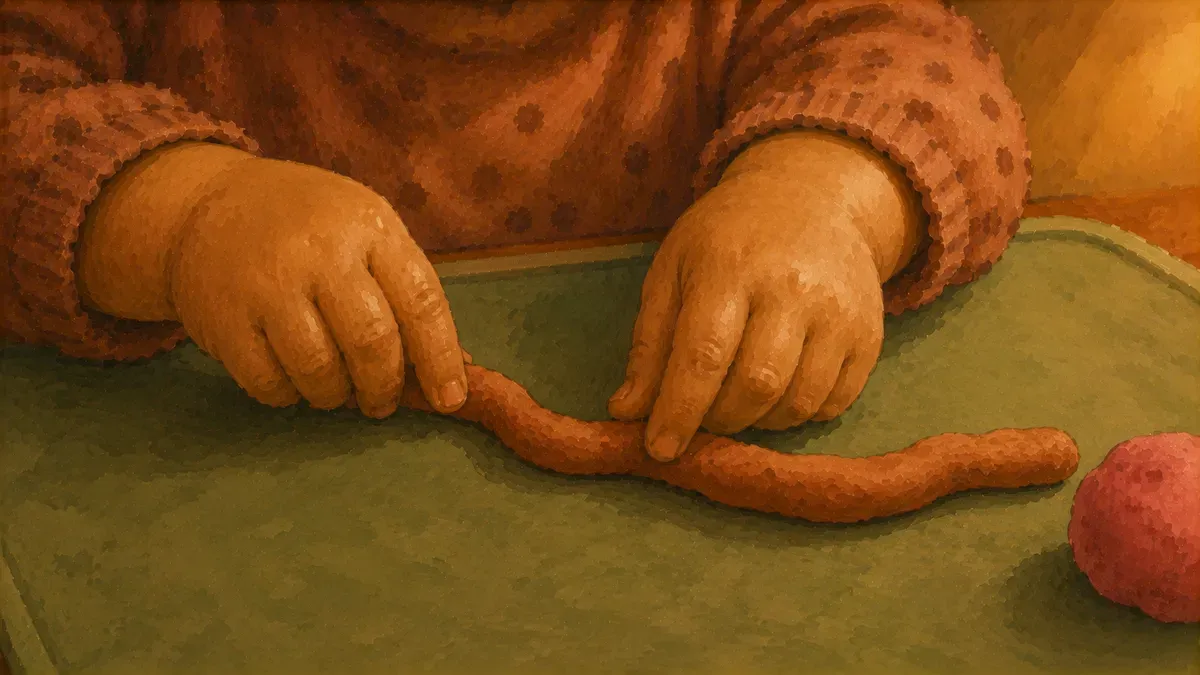 Close-up of small fingers pinching and rolling playdough to show hand strength at work