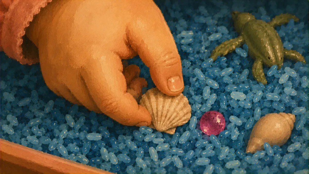 Close-up of toddler pinching a small shell from blue rice, building fine motor skills