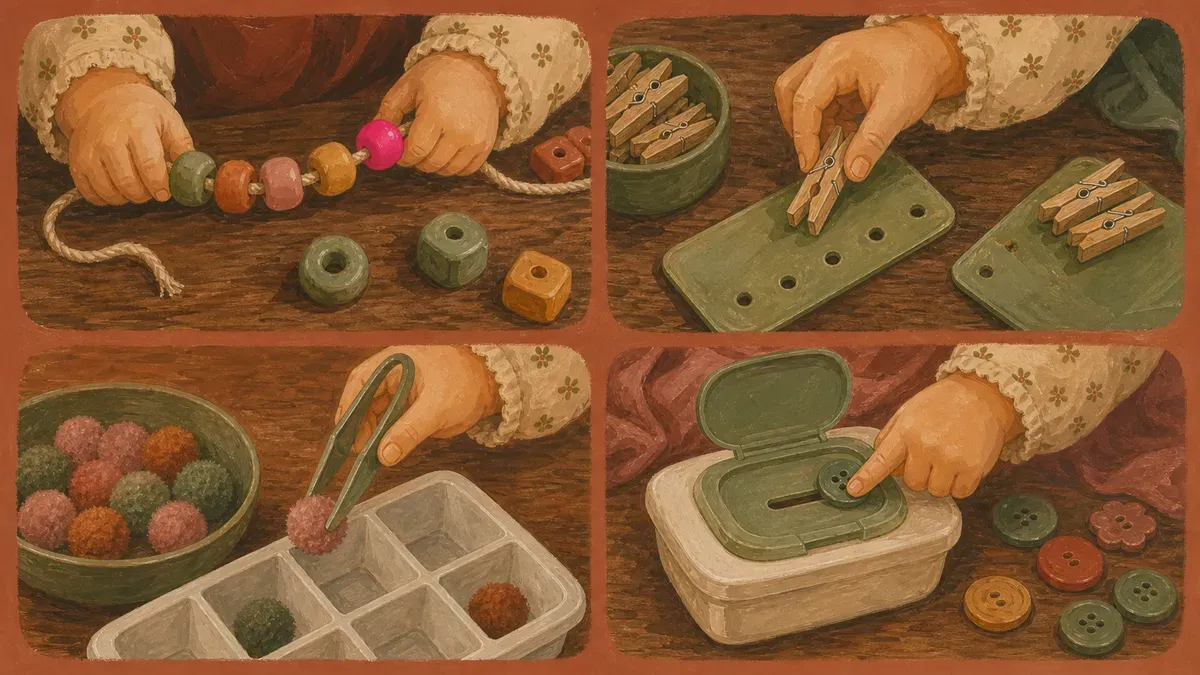 Collage of four travel busy bag setups: bead lacing, clothespin clip cards, pom-pom transfer, and button drop
