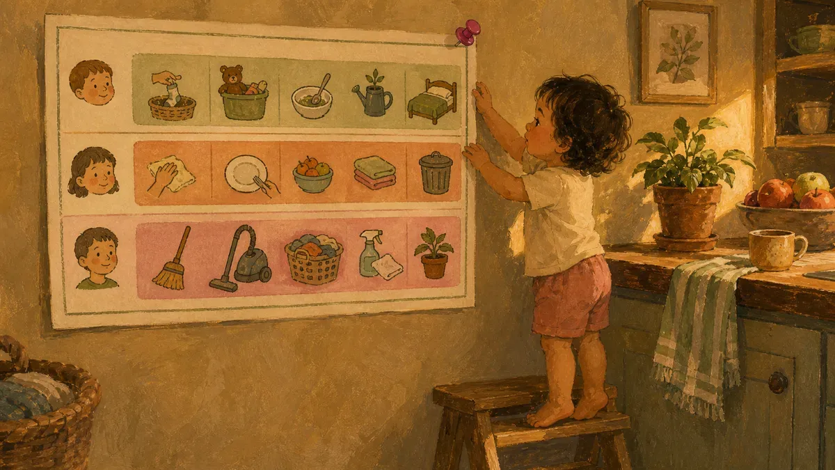 Color-coded chore chart showing different tasks for ages 2 through 10