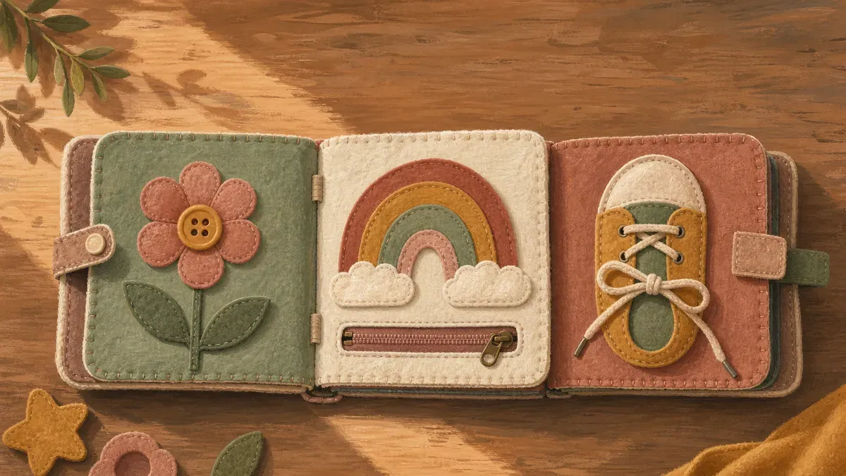 Colorful handmade felt quiet book open on a wooden table, showing activity pages with buttons, zippers, and lacing cards for toddlers.