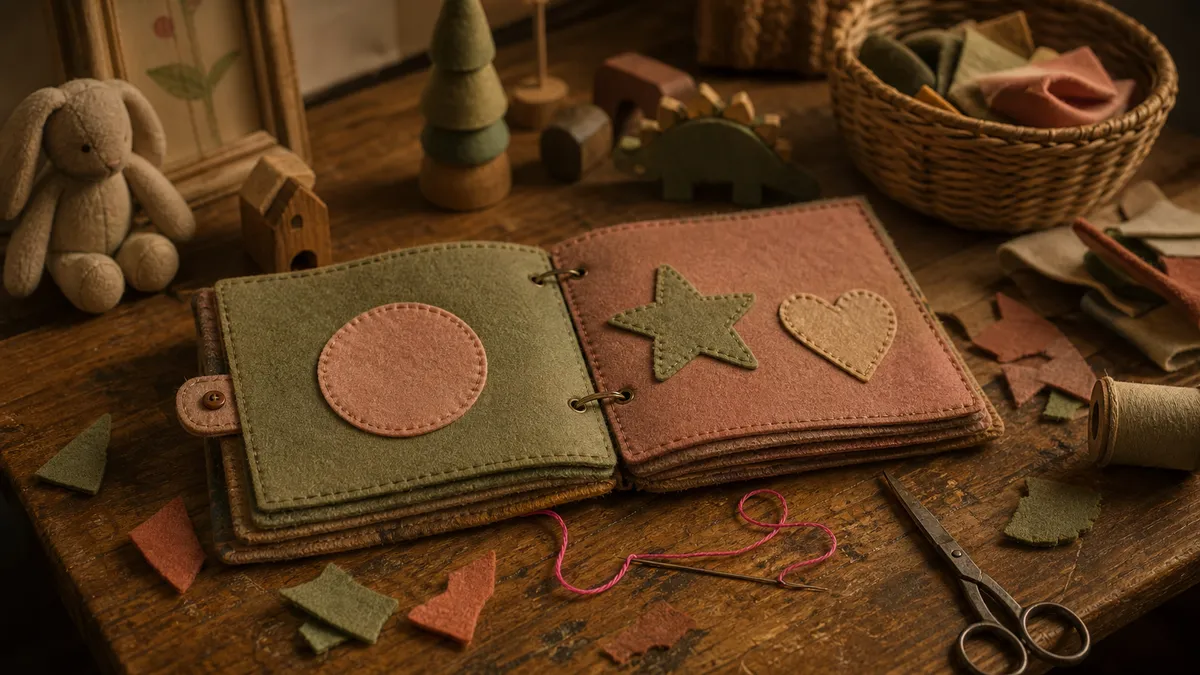 Colorful handmade felt quiet book open to a simple button and shape page, surrounded by small felt pieces and basic sewing supplies on a wood table.
