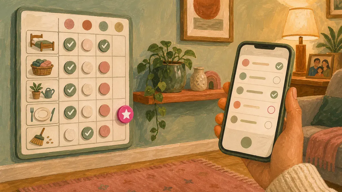 Comparison of magnetic chore chart and allowance apps for kids on a phone