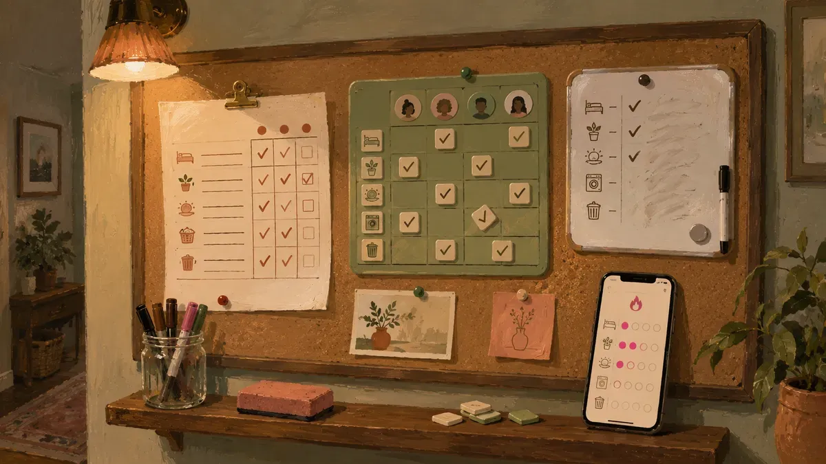Comparison of magnetic, dry erase, printable, and app-based chore chart formats