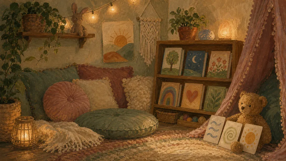 Cozy calm-down corner with pillows, books, and breathing cards in a child's room
