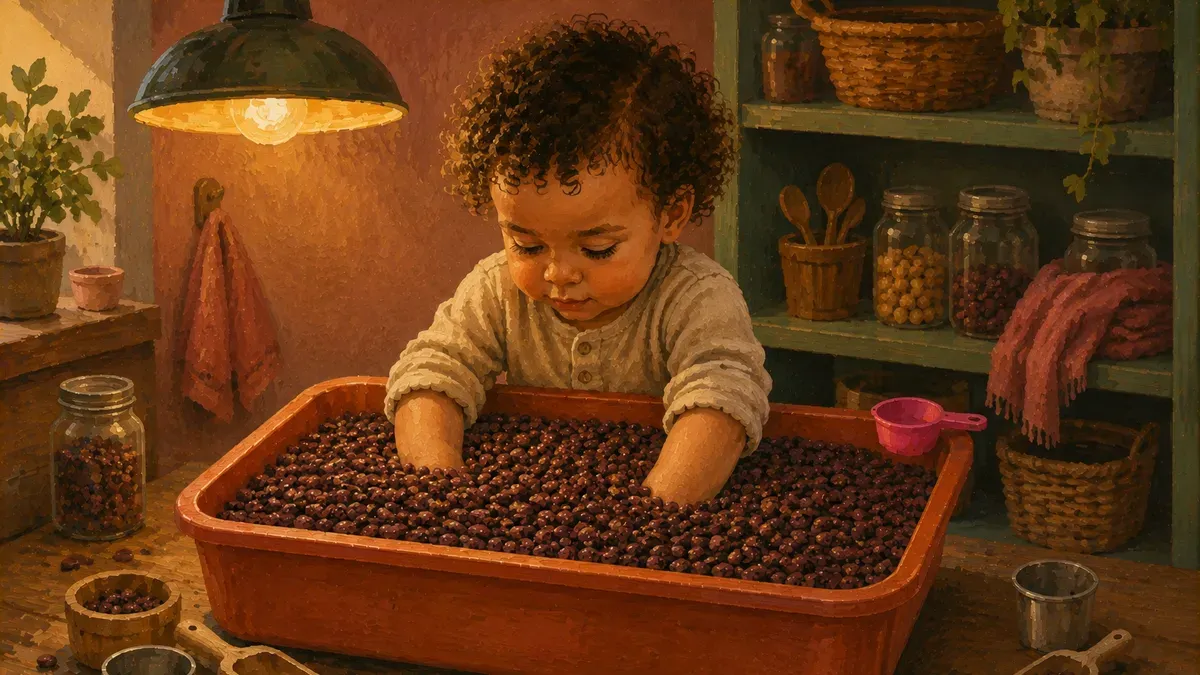 Deep bin filled to the brim with kidney beans, child's arms buried to the elbow