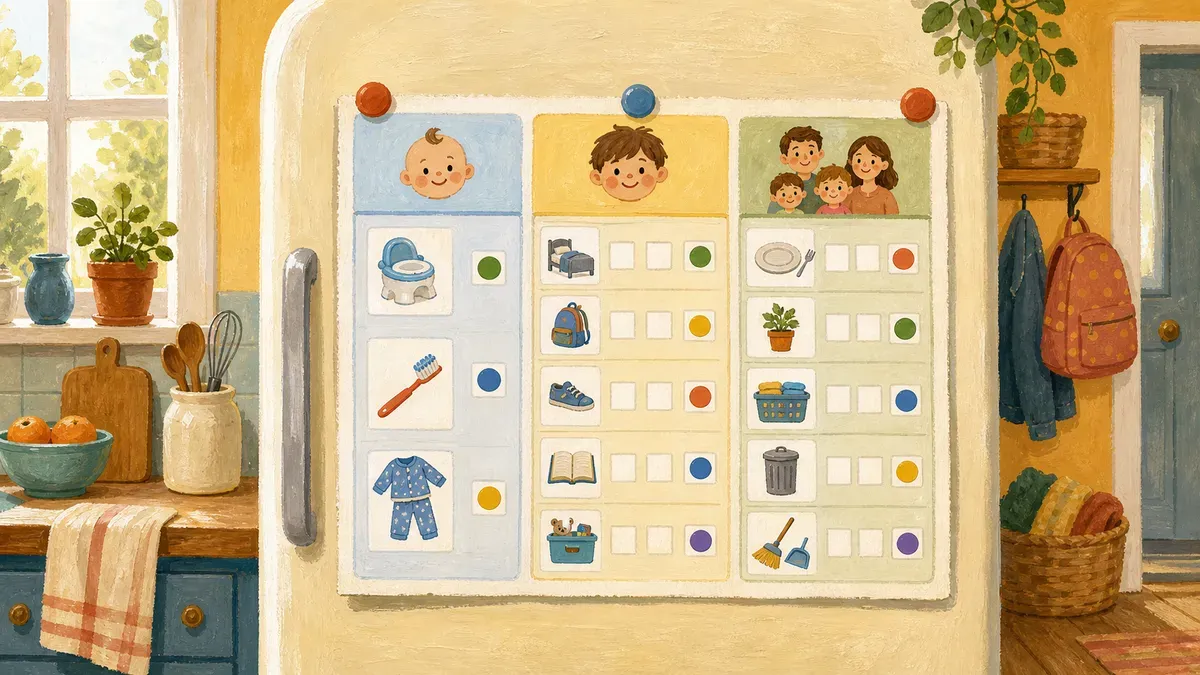 Family fridge with a single combined chore chart for two kids of different ages