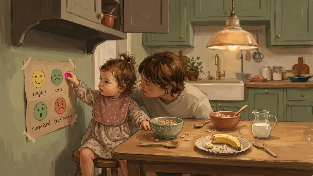 family sitting together at breakfast with an emotion poster nearby, child pointing to a face