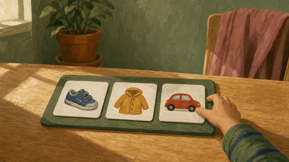 First then next board showing three cards in sequence for an older child