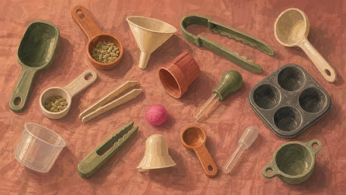 Flat-lay of 15 sensory bin tools including scoops, tongs, funnels, and tweezers on a white surface