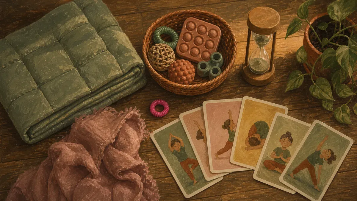 Flat-lay of calm down corner kit essentials: weighted blanket, fidgets, visual timer, and yoga cards