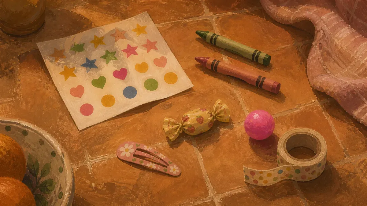 Flat lay of cheap potty training rewards: stickers, crayons, a single wrapped candy, a hair clip, and a bouncy ball