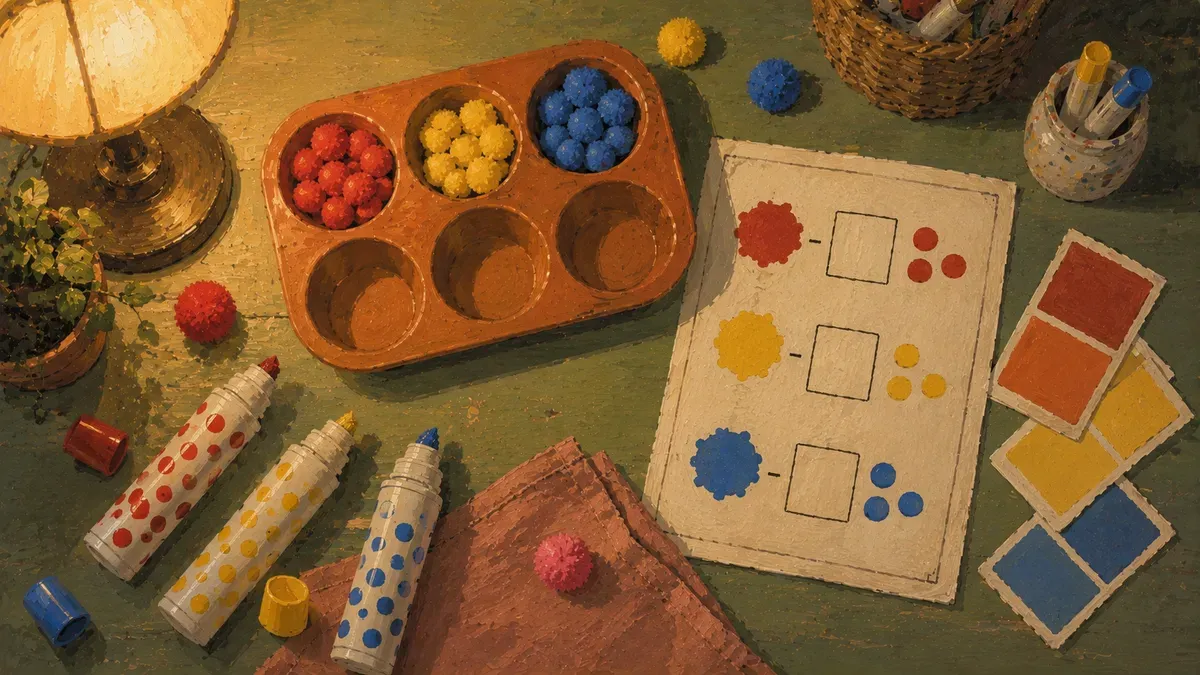 Flat lay of color sorting bins, dot markers, and matching printables