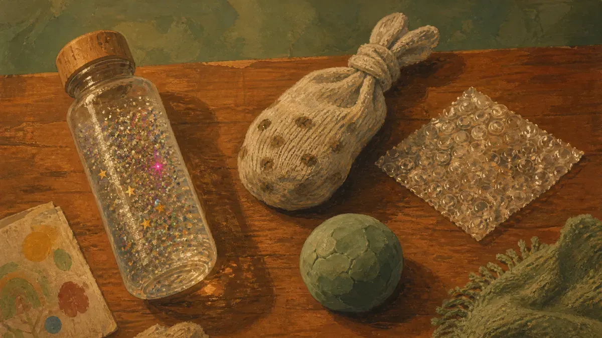 Flat lay of DIY sensory items: a homemade glitter calming jar, stress ball, fidget toys, and bubble wrap