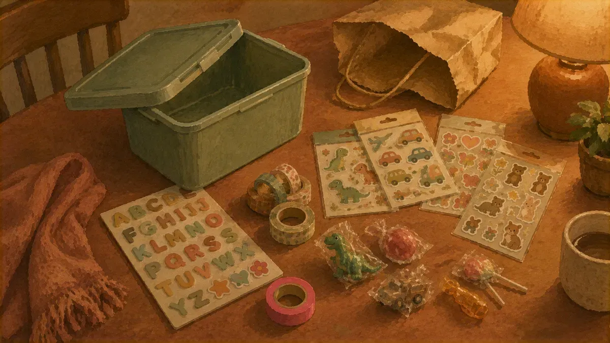 Flat lay of dollar store supplies for a DIY potty training prize box: bin, stickers, small toys
