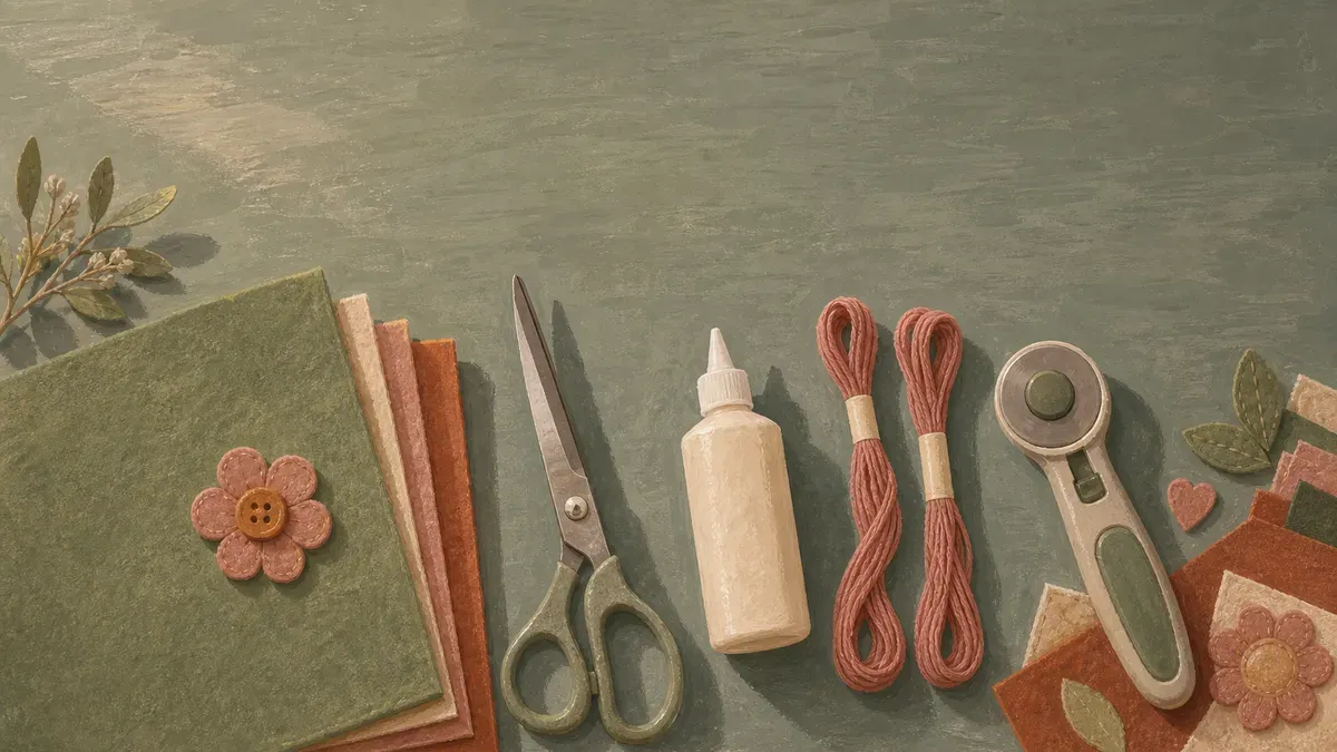 Flat lay of felt sheets, scissors, fabric glue, and embroidery floss on a cutting mat