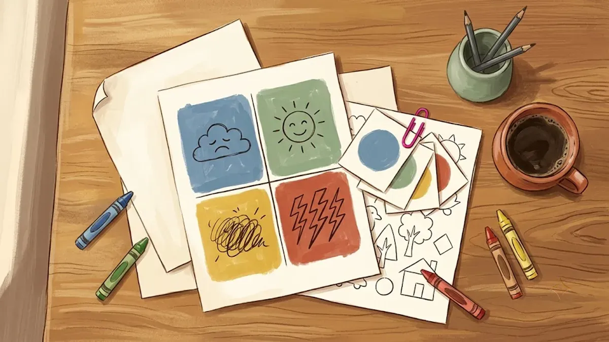 Flat-lay of free printable Zones of Regulation charts and check-in cards on a table