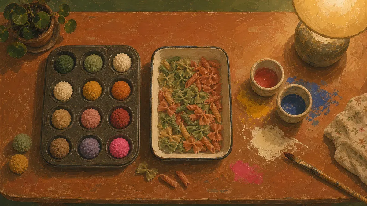 Flat lay of household color activity setups: sorted pom poms, dyed pasta, paint cups