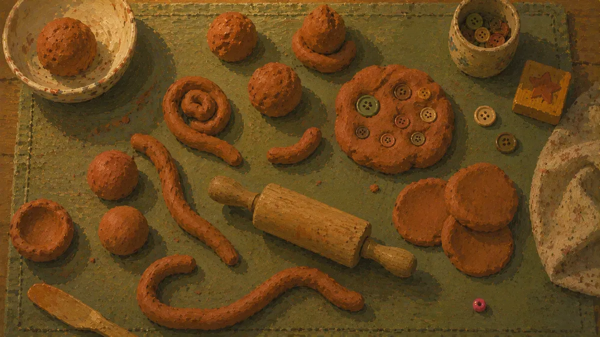 Flat lay of play dough shaped into balls, snakes, and pinched pieces with tools
