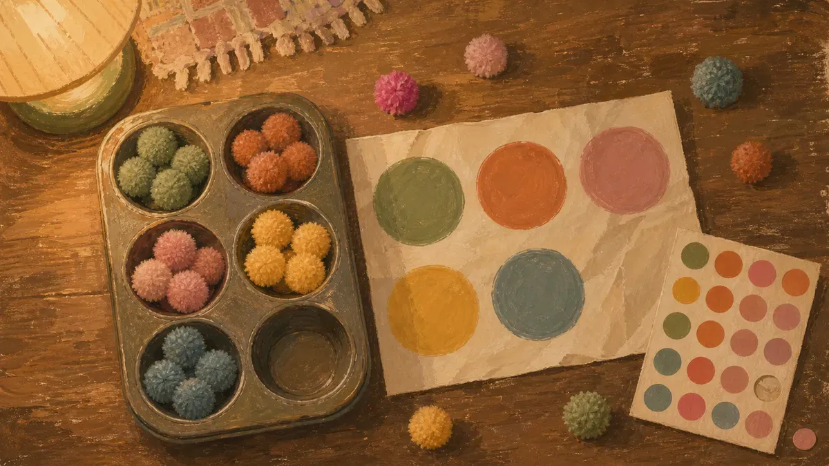 Flat lay of pom poms, dot stickers, and a hand-drawn color mat on a table