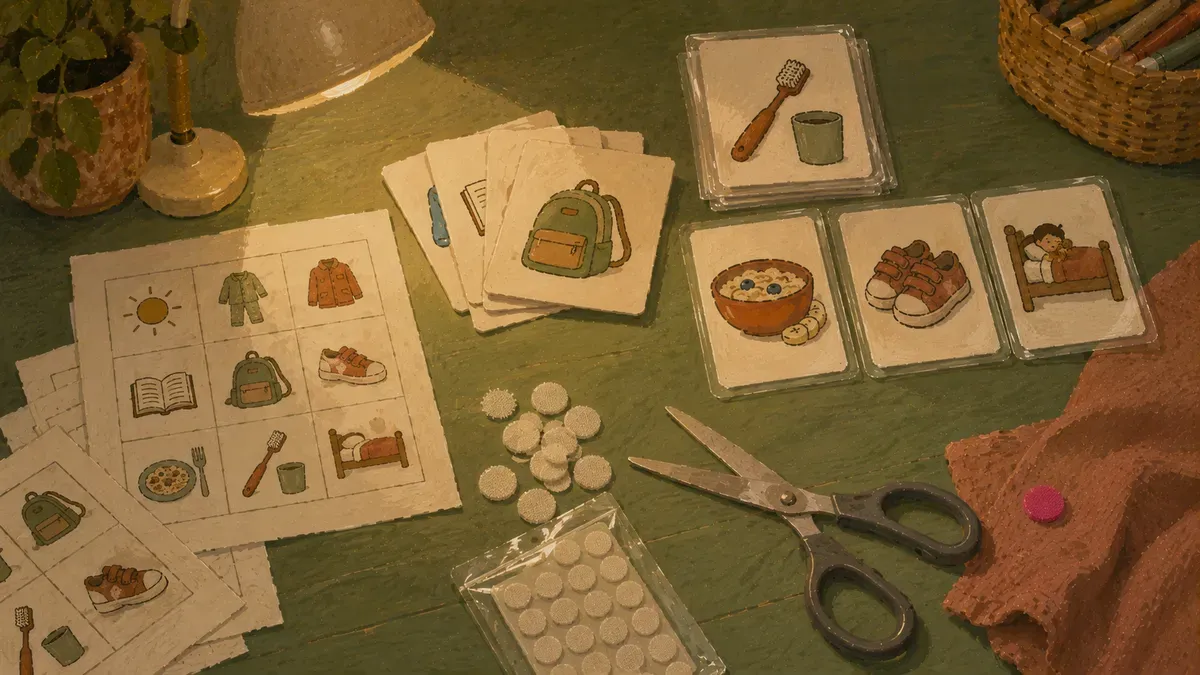 Flat lay of printed routine cards being laminated and cut for a daily chart