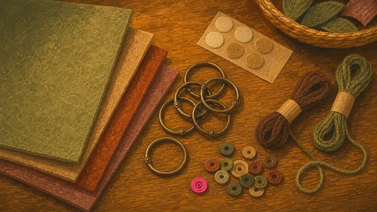 Flat lay of quiet book materials: felt sheets, KAM snaps, binder rings, and embroidery thread