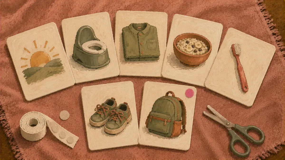 Flat lay of seven labeled morning routine picture cards for toddlers