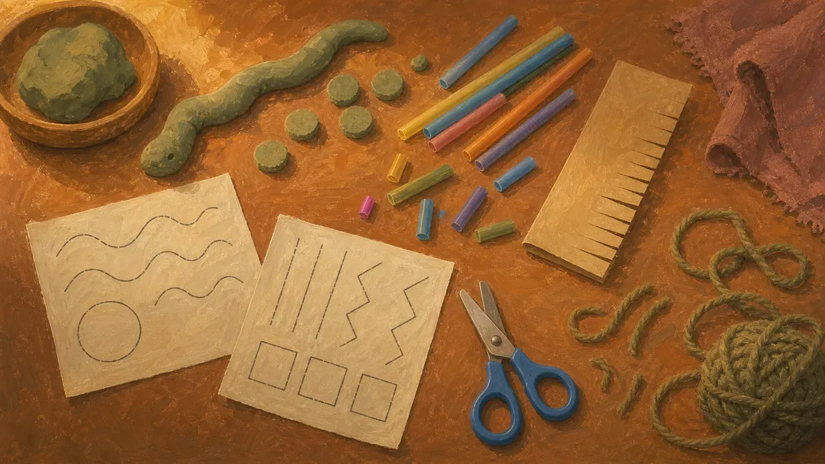 Flat-lay of ten scissor activity setups including play dough, straws, and cutting strips