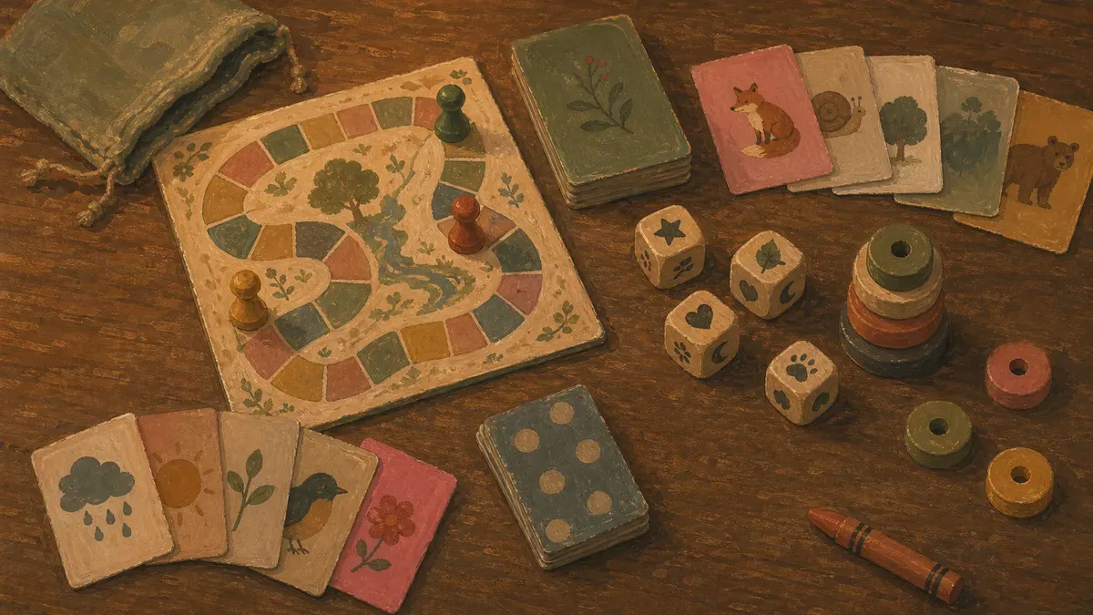 Flat-lay of toddler-friendly speech therapy games on a table