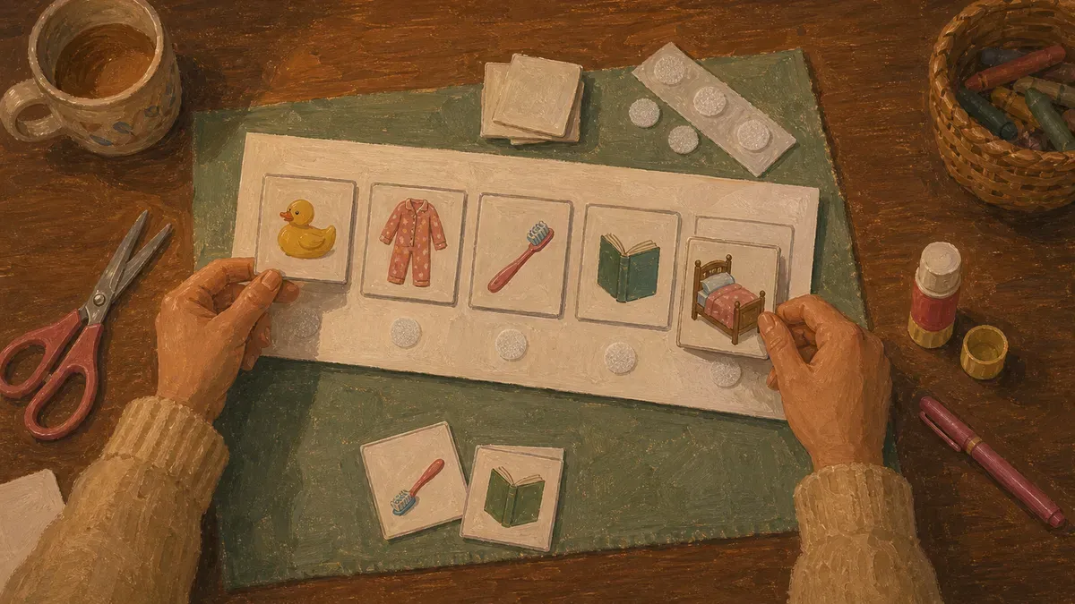 Flat-lay printable visual schedule with routine picture cards and velcro dots