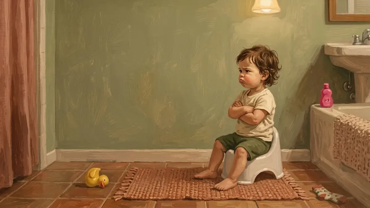 Frustrated toddler sitting next to a small potty chair, arms crossed