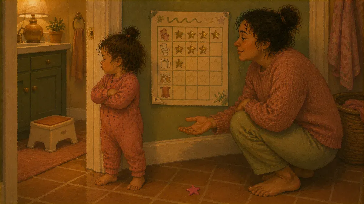 Frustrated toddler turning away from a potty chart while a parent kneels nearby