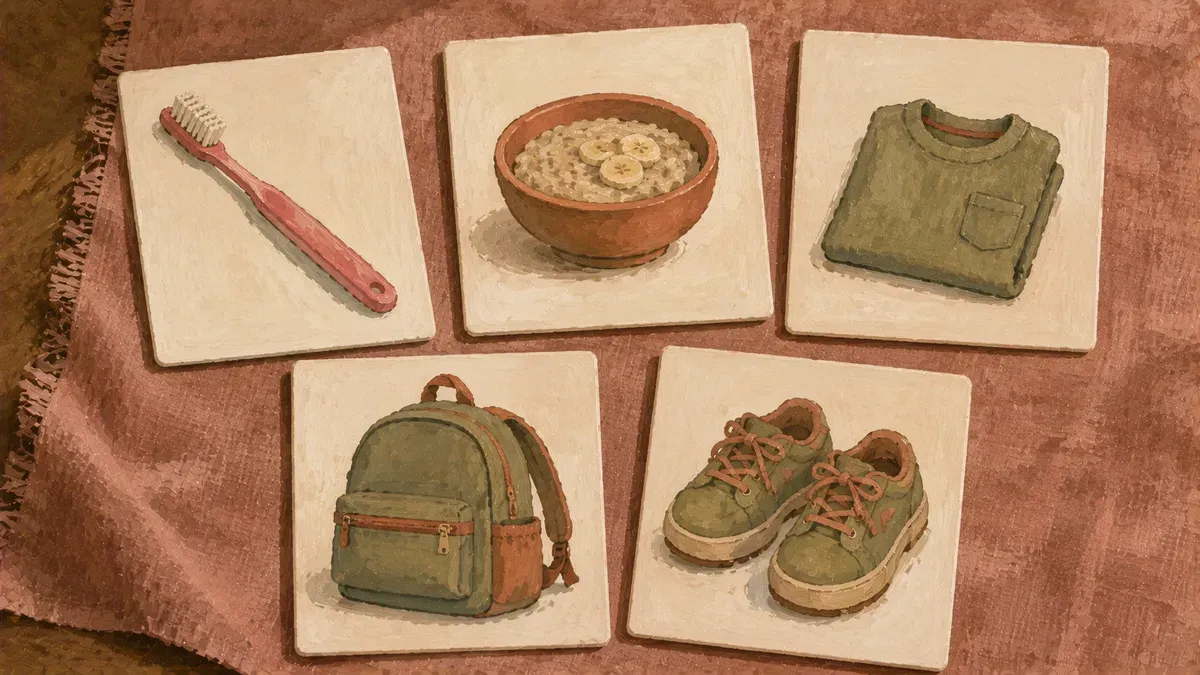 Grid of morning task picture cards: brush teeth, breakfast, get dressed, pack backpack