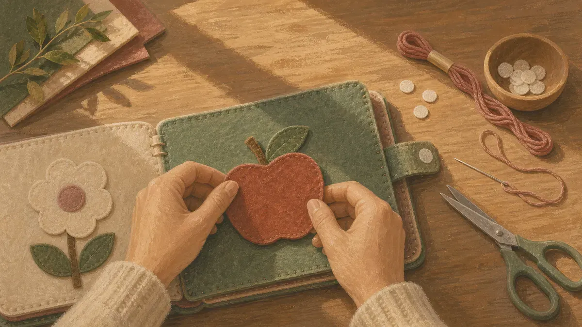 Hands assembling a felt quiet book page with applique shapes