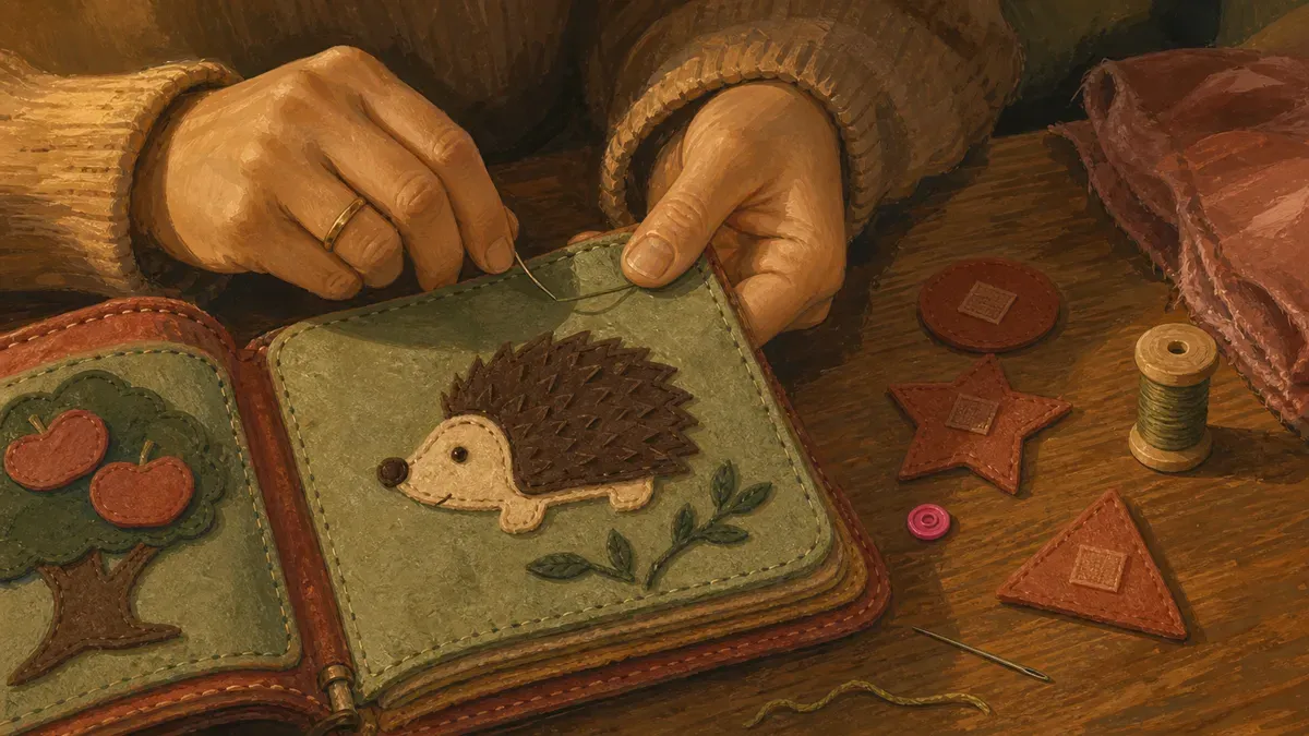 Hands stitching a felt quiet book page with Velcro shapes laid out nearby