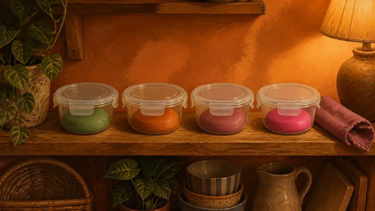 Homemade play dough stored in labeled airtight containers on a shelf