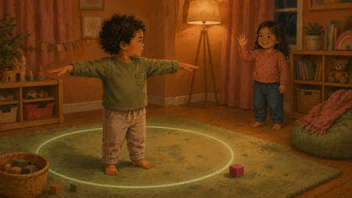 Illustration of a child surrounded by an arm-length space bubble greeting a friend